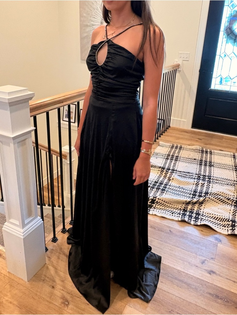 Black Satin Asymmetric Strap Evening or prom Dress with Front Slit - Picture 2 of 5